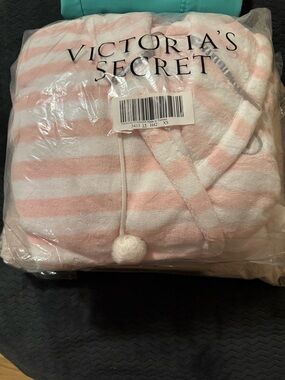 Victoria's Secret Pink and White Striped Plush Hooded Robe